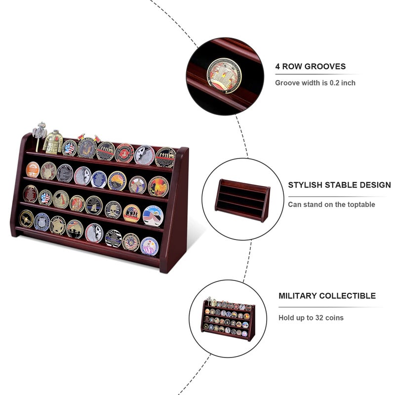 ASmileIndeep 4 Rows Military Wooden Challenge Coin Display Case - Wall Mountable Army Holder Stand Rack, Holds 32 Coins, Mahogany - Image 3